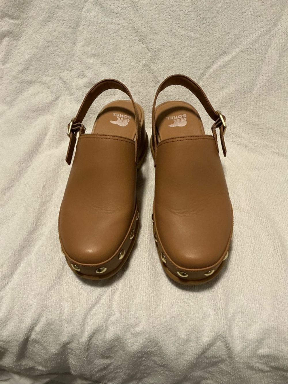 Sorel Tan Leather Slingback Clog with Gold Eyelet Trim
